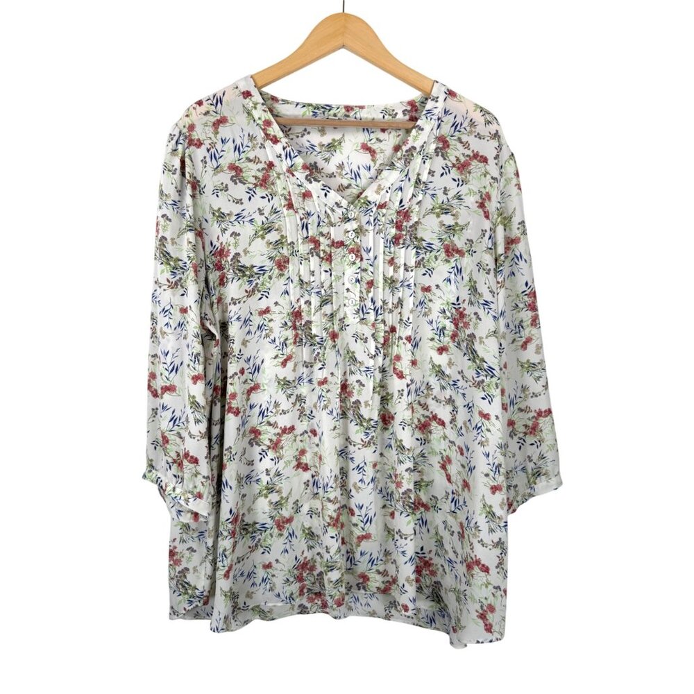 Rose + Olive floral print relaxed‎ v neck chiffon blouse cottage core 90s 2X